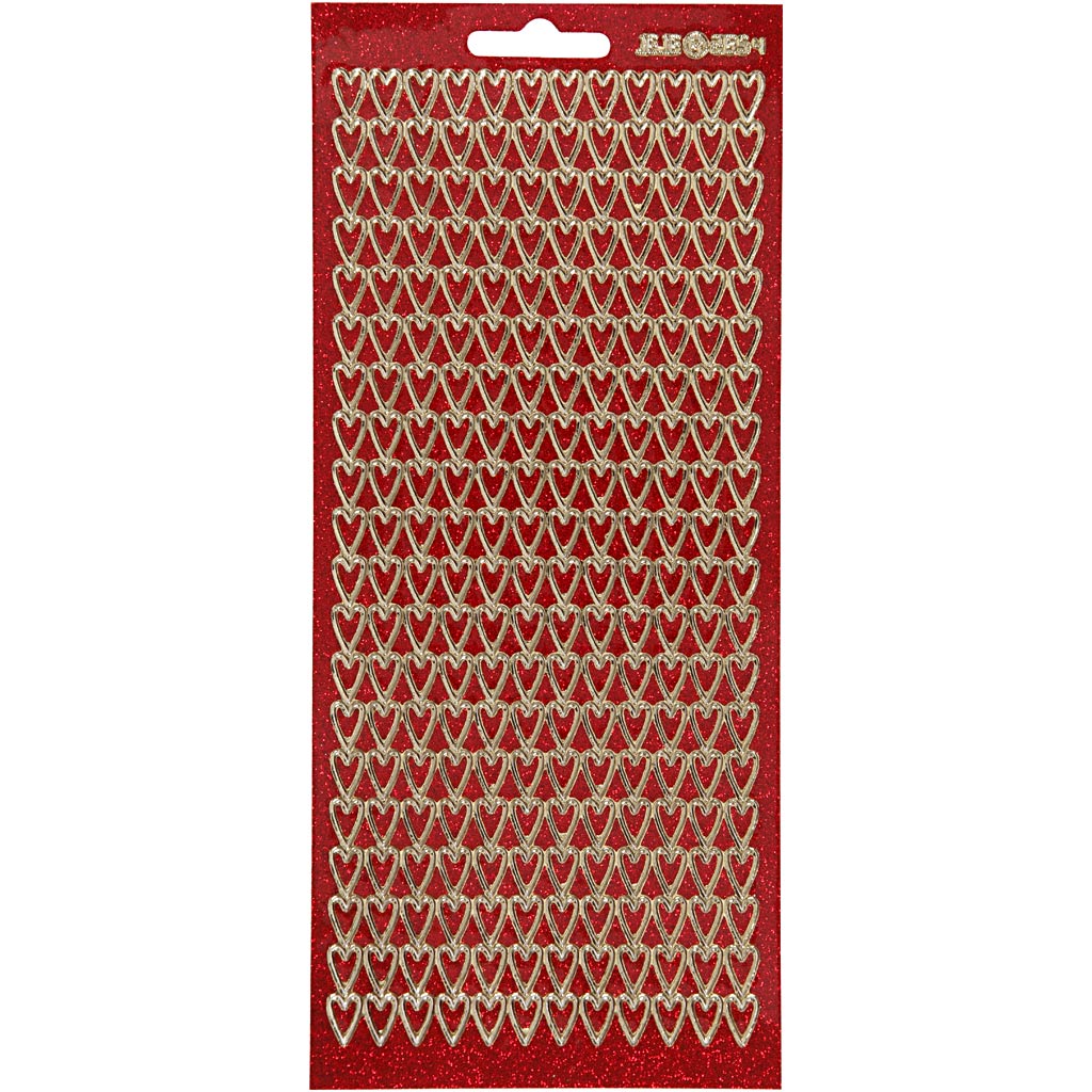 Stickers, harten, 10x23 cm, goud, rood glitter, 1 vel