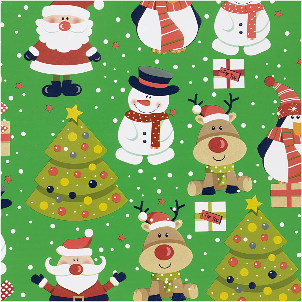 Inpakpapier, groen, Kerstman, kerstboom, kerstcadeau, rendier, sneeuwpop en pinguïn, B: 50 cm, 80 gr, 100 m/ 1 rol