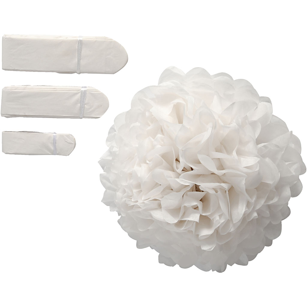 Pompon van papier, d 20+24+30 cm, 16 gr, wit, 3 stuk/ 1 doos