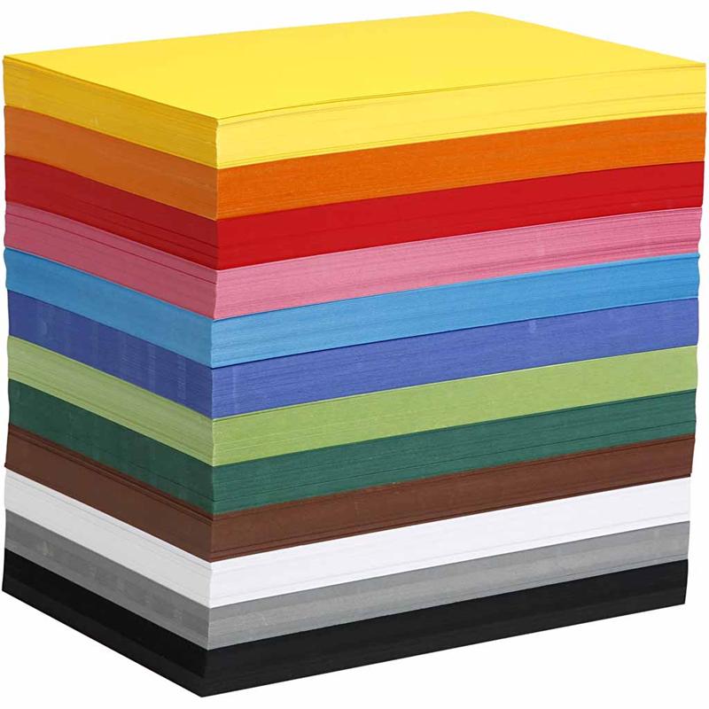 Gekleurd karton, A4, 210x297 mm, 180 gr, diverse kleuren, 1200 div vellen/ 1 doos