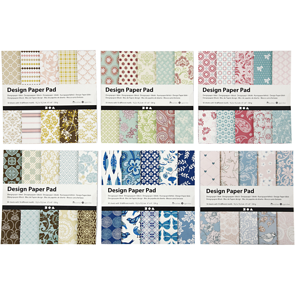 Design papierblok, 15,2x15,2 cm, 120 gr, diverse kleuren, 6x50 vel/ 1 doos, 300 vel