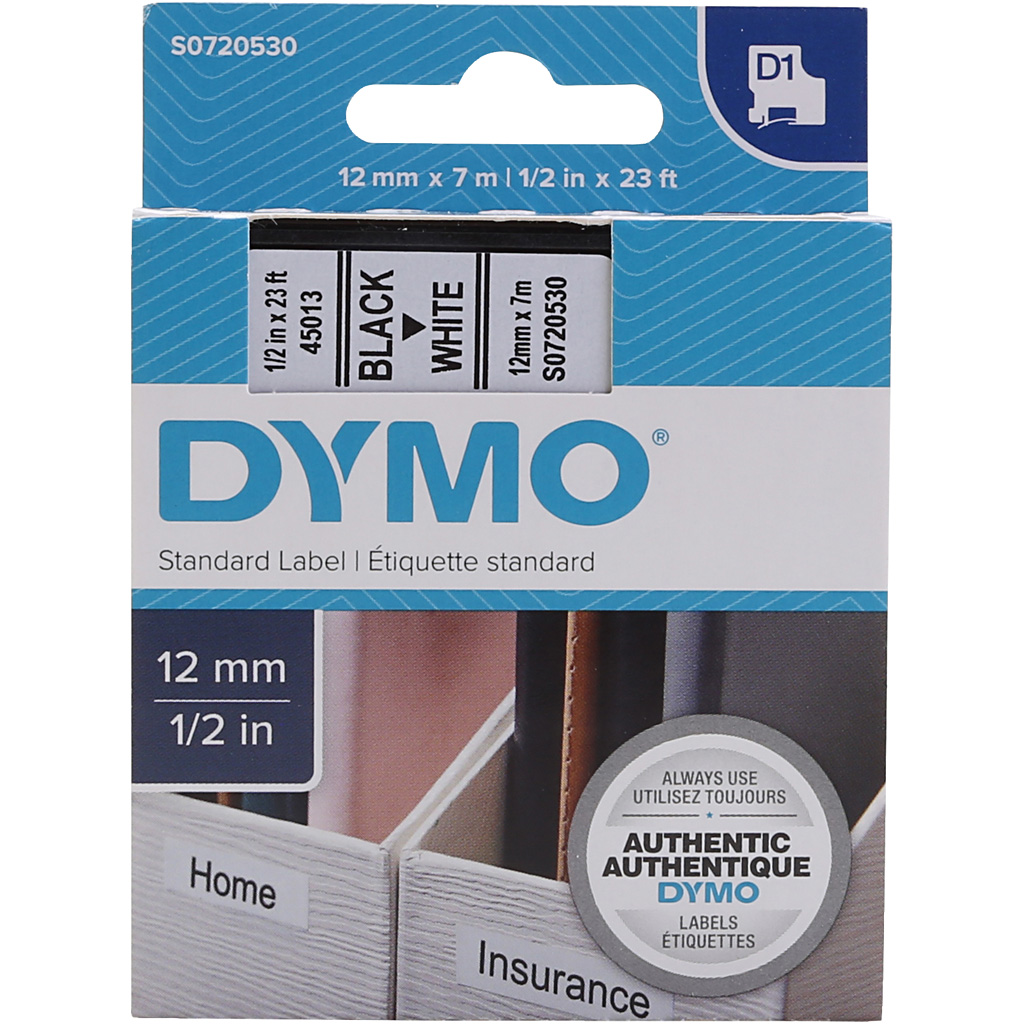 DYMO Authentieke D1 Labels Zwart-Wit (12 mm x 7 m)