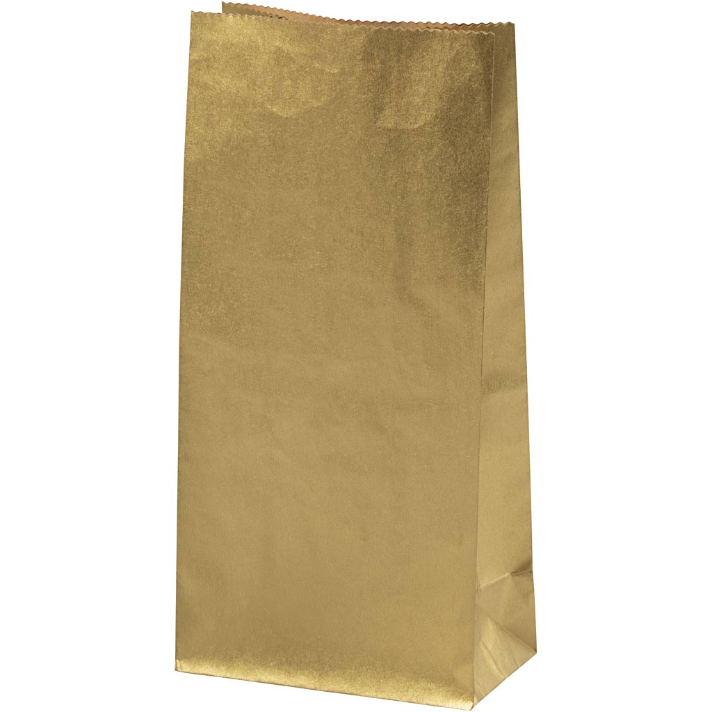 Papieren zakken, H: 22.5 cm, afm 6,5x11 cm, 50 gr, goud, 10 stuk/ 1 doos