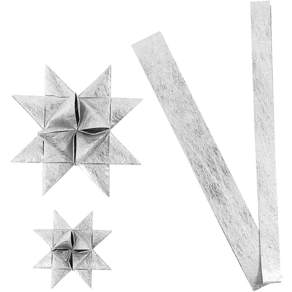 Papieren vlechtstroken, L: 44+78 cm, d: 6,5+11,5 cm, B: 15+25 mm, zilver, 32 stroken/ 1 doos