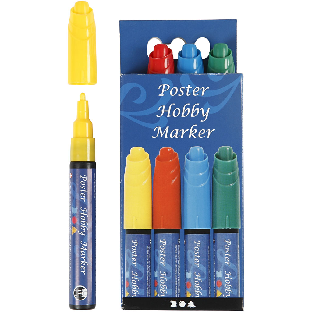 Poster Hobby Marker, lijndikte 3 mm, blauw, groen, rood, geel, 4 stuk/ 1 doos