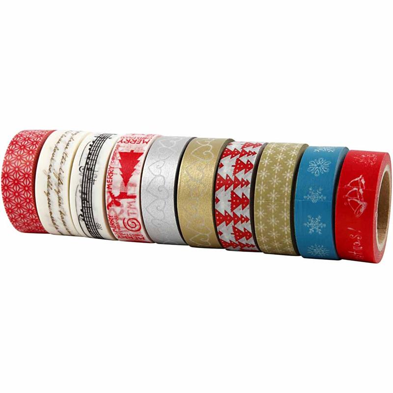 Masking Tape, Kerstmis, B: 15 mm, 10x10 m/ 1 doos