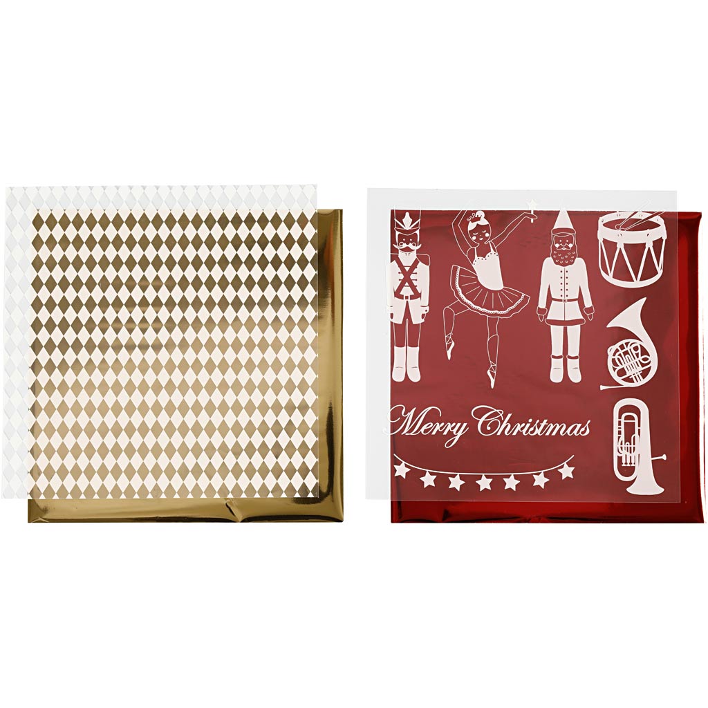 Dekorationsfolie og design limark, nøddeknækker, julemand og ballerina, 15x15 cm, guld, rød, hvid, 4 ark/ 1 pk.