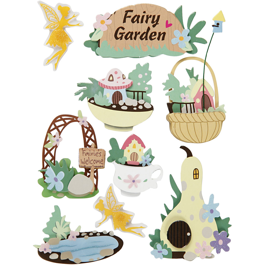 3D stickers, feeën tuin, H: 32-64 mm, B: 30-55 mm, 9 stuk/ 1 doos