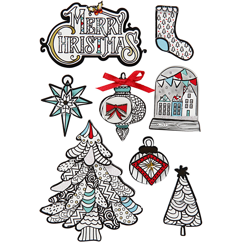 3D stickers, kerstmotieven, H: 32-80 mm, B: 25-65 mm, 8 stuk/ 1 doos