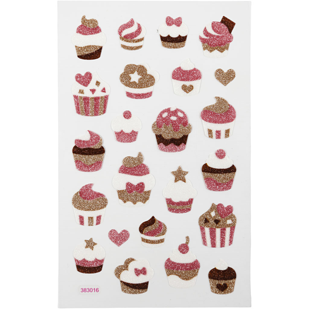 Glitter stickers, cupcakes, 10x16 cm, 1 vel