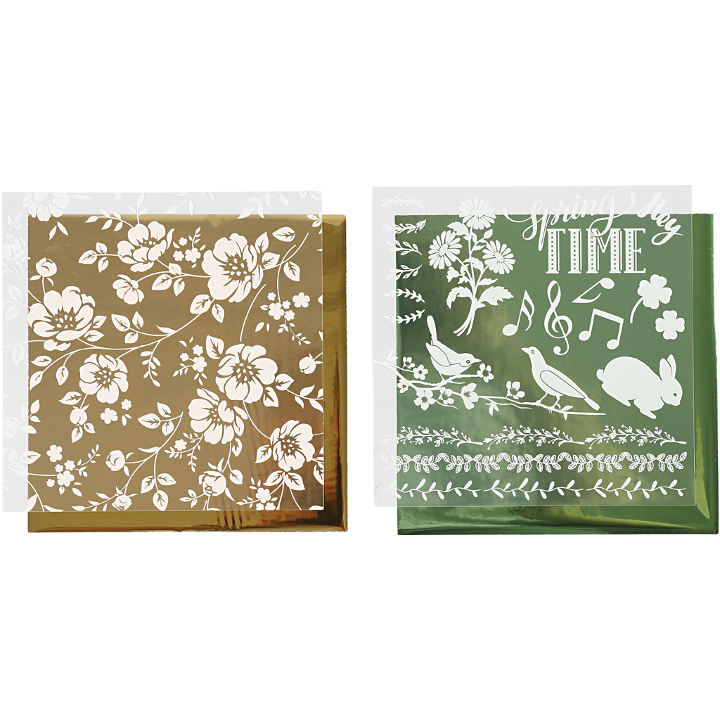Dekorationsfolie og design limark, blomster, 15x15 cm, guld, grøn, 2x2 ark/ 1 pk.