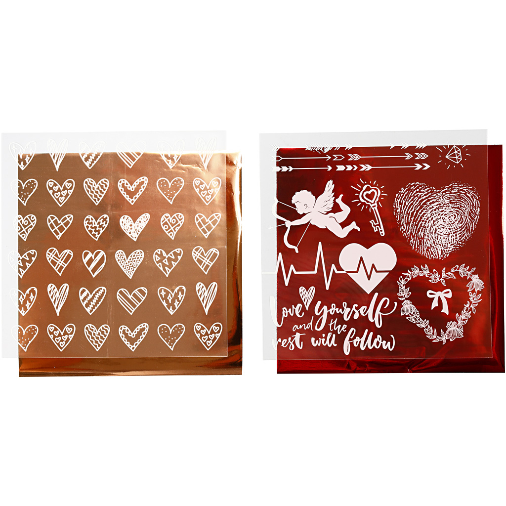 Billede af Dekorationsfolie og design limark, hjerter og kærlighed, 15x15 cm, rød, 2x2 ark/ 1 pk.