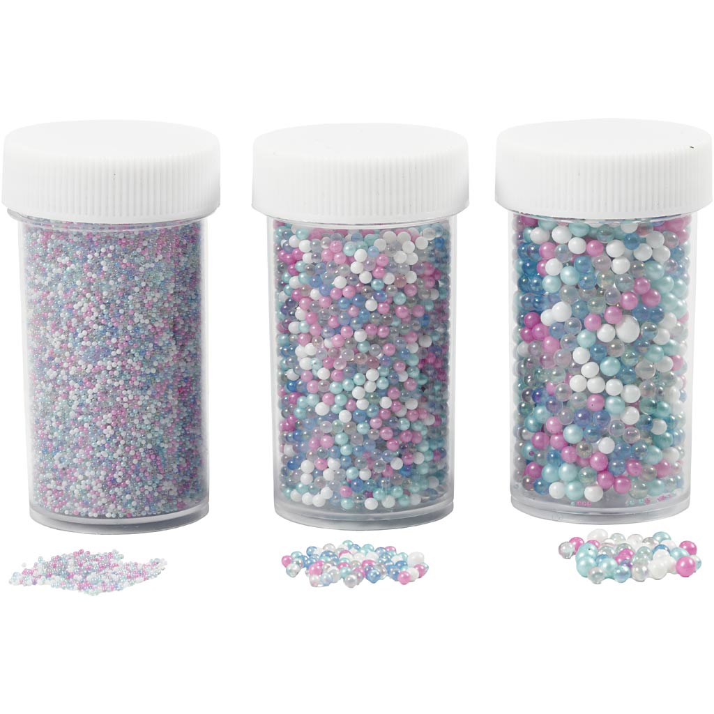Mini glaskugler , str. 0,6-0,8+1,5-2+3 mm, pastelfarver, 3x45 g/ 1 pk.