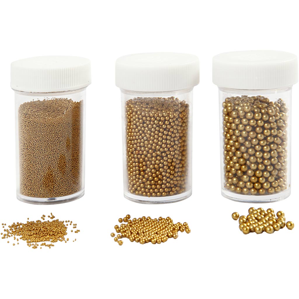 Mini glaskugler , str. 0,6-0,8+1,5-2+3 mm, guld, 3x45 g/ 1 pk.