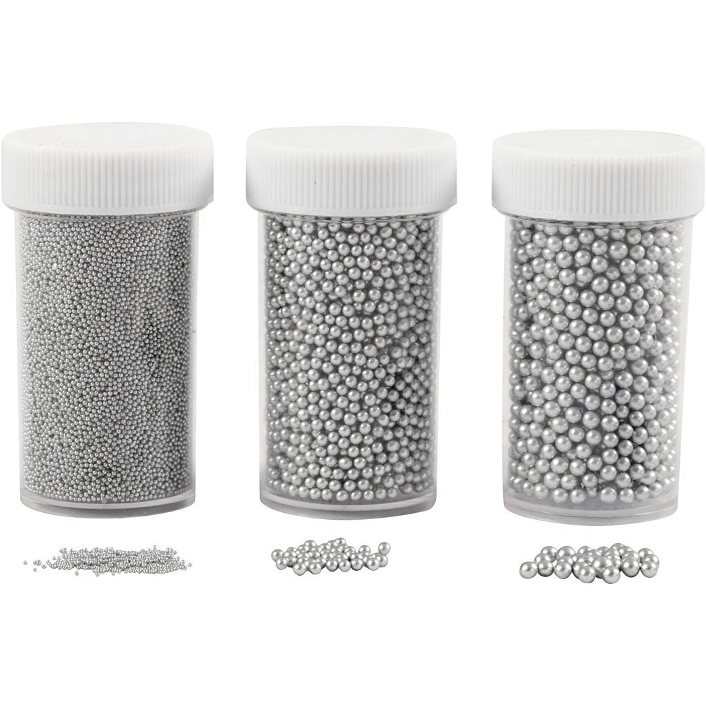 Mini Glaskugler  - Str. 0,6-0,8+1,5-2+3 Mm - Sølv - 3x45 G