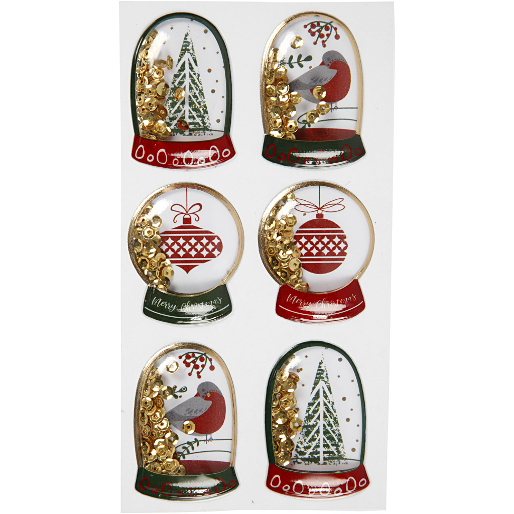 Shaker stickers, vogel, boom en kerstballen, afm 49x32+45x36 mm, goud, 6 stuk/ 1 doos