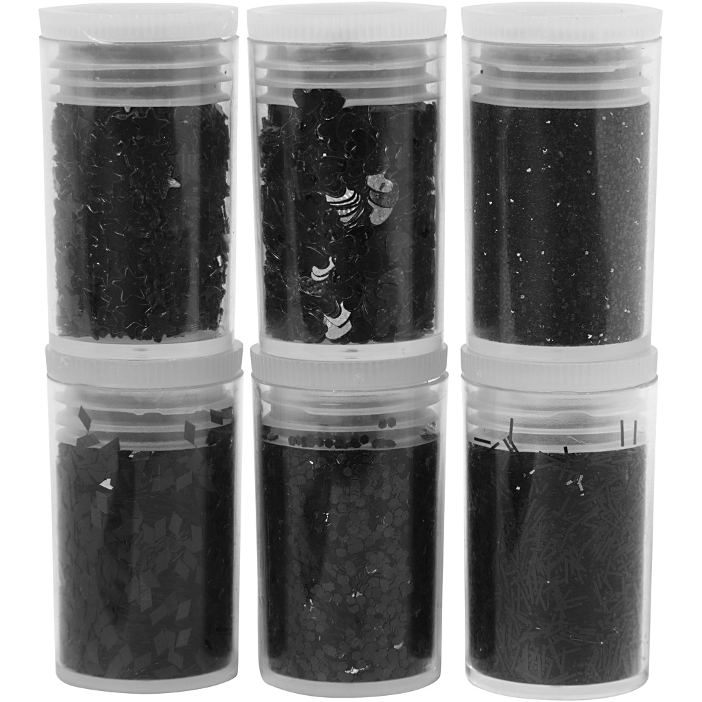 Glitter en pailletten, 6x5 gr, zwart