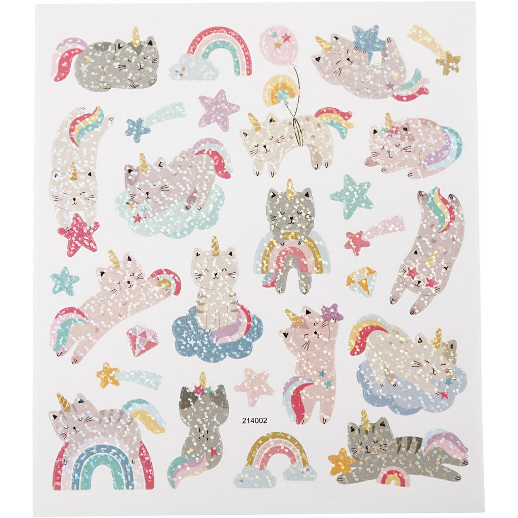 Stickers, unicorn katten, 15x16,5 cm, 1 vel