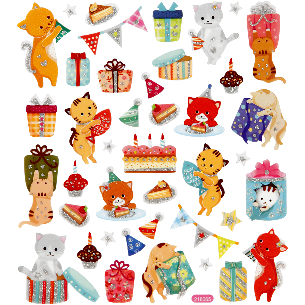 Stickers, verjaardags katten, 15x16,5 cm, 1 vel