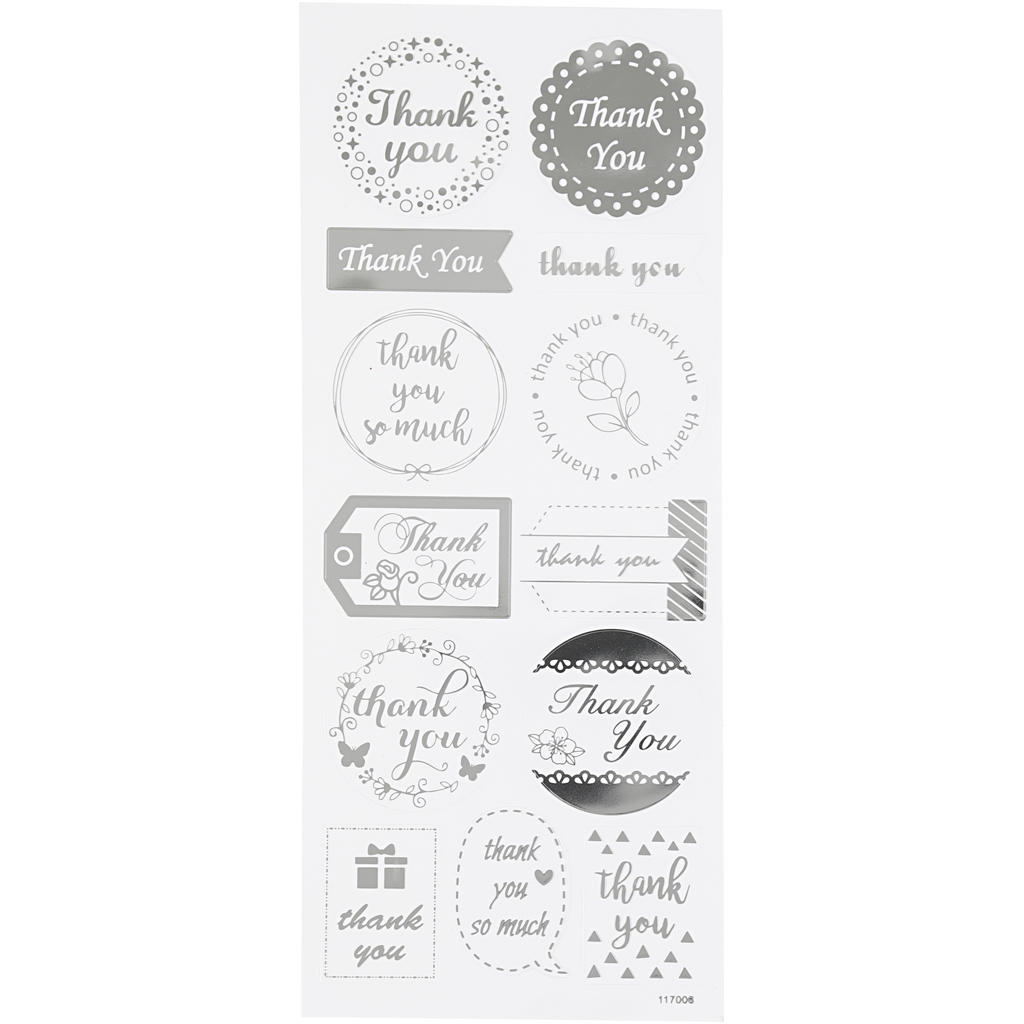 Stickers, thank you, 10x24 cm, zilver, 1 vel
