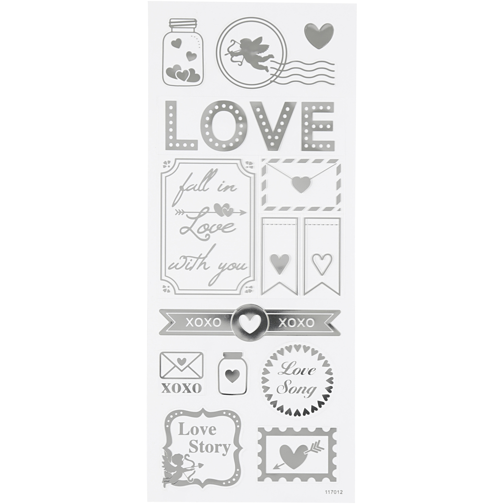 Stickers, love, 10x24 cm, zilver, 1 vel