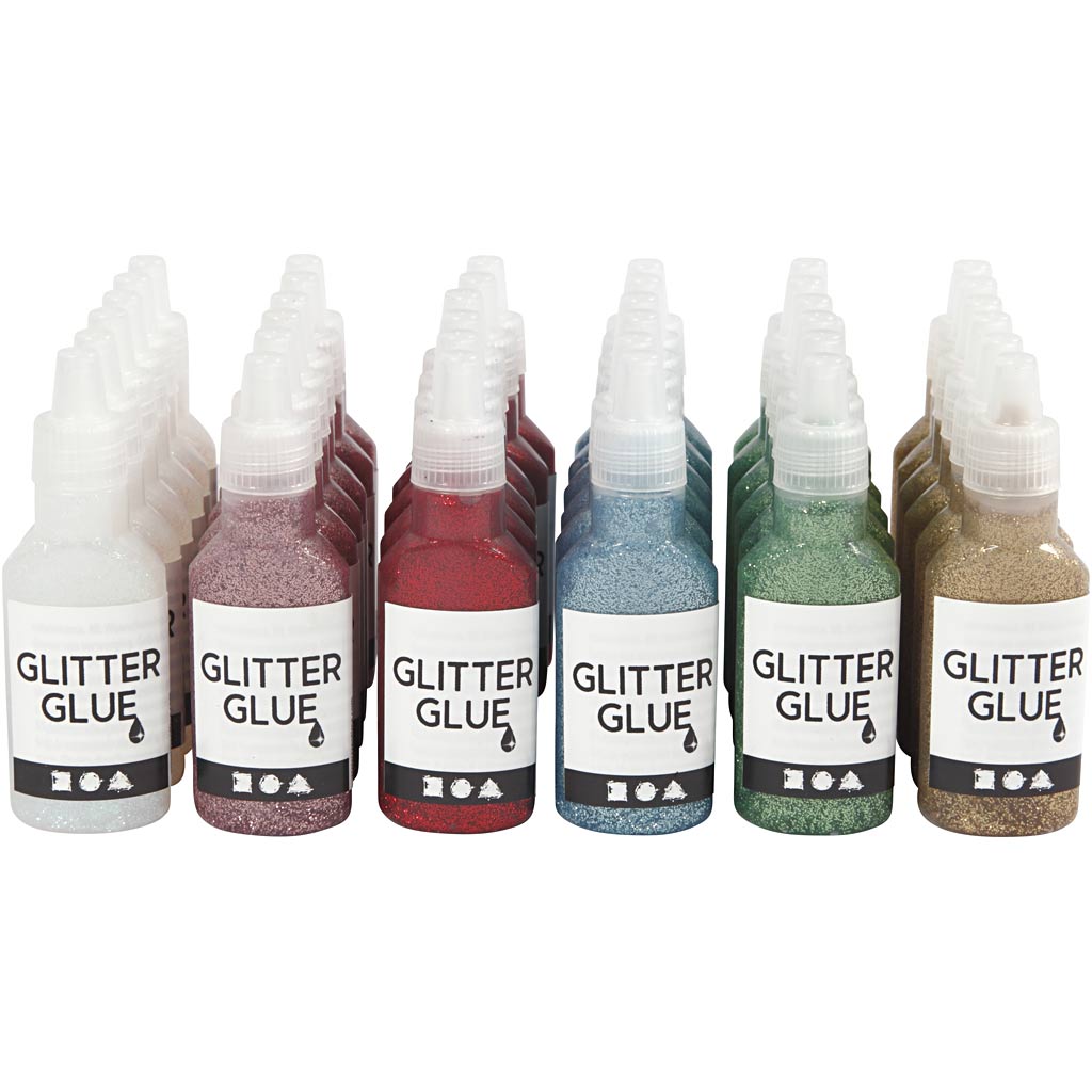 Glitterlijm, 36x25 ml, kleuren assorti