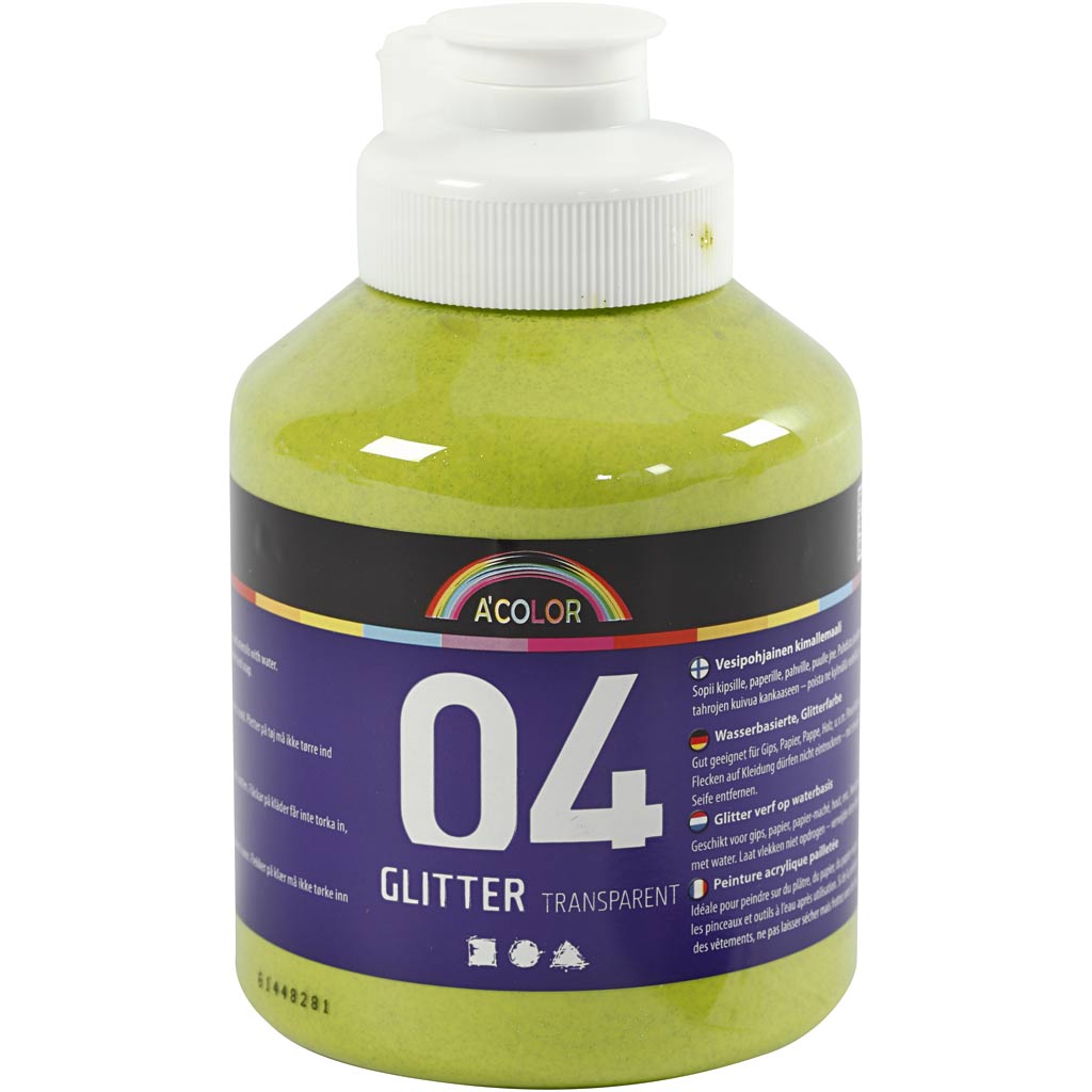 School acrylverf glitter, lime groen, 500 ml/ 1 fles