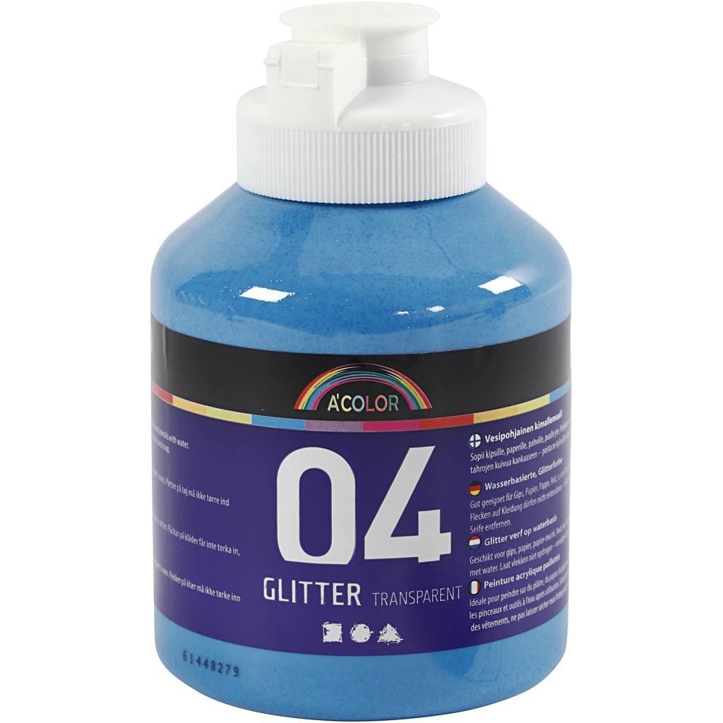 School acrylverf glitter, blauw, 500 ml/ 1 fles