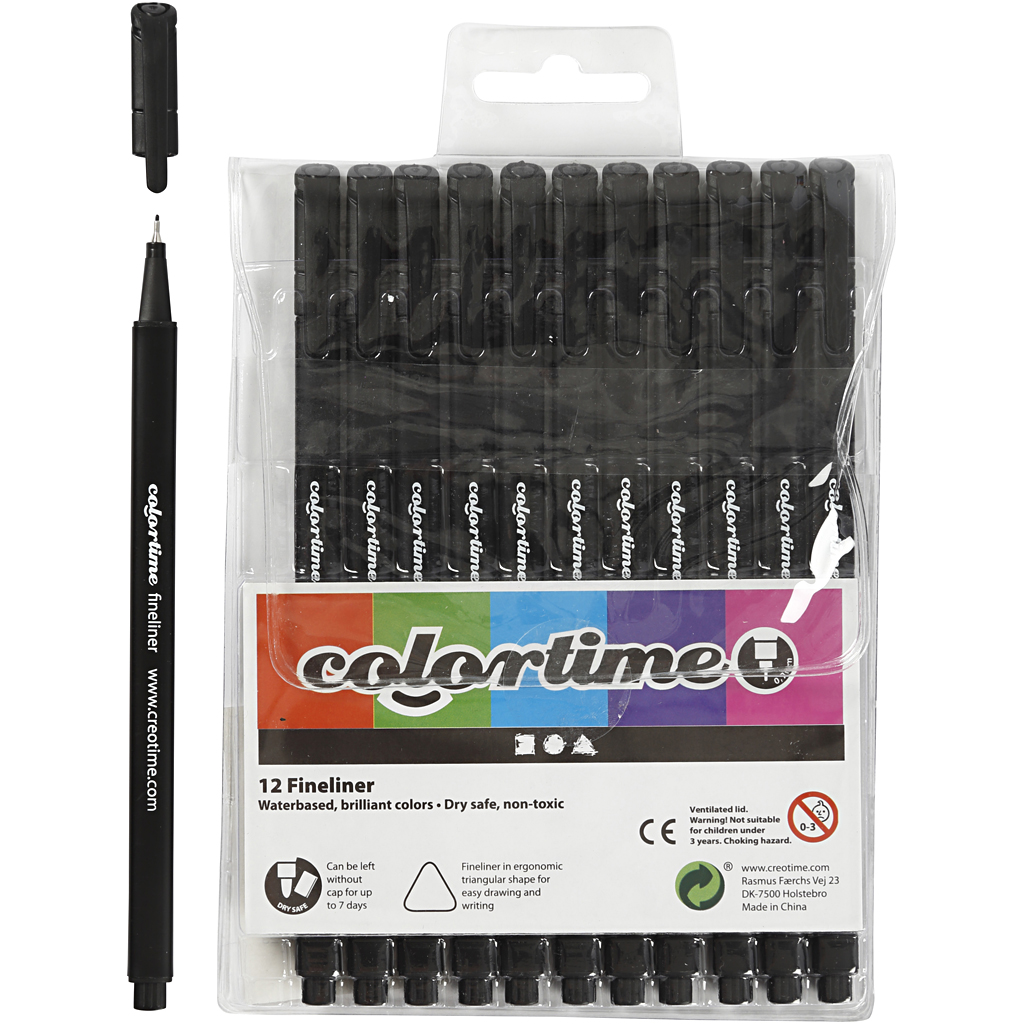 Colortime Fineliner , lijndikte 0,6-0,7 mm, zwart, 12 stuk/ 1 doos