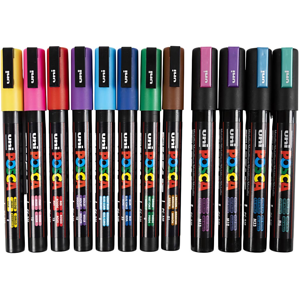Posca Marker, afm PC-5M + PC-3M, lijndikte 0,9-1,3 + 2,5 mm, diverse kleuren, 12 div/ 1 doos