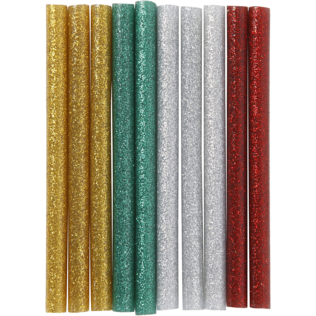Limstænger, L: 10 cm, glitter, guld, grøn, rød, sølv, 10 stk./ 1 pk.
