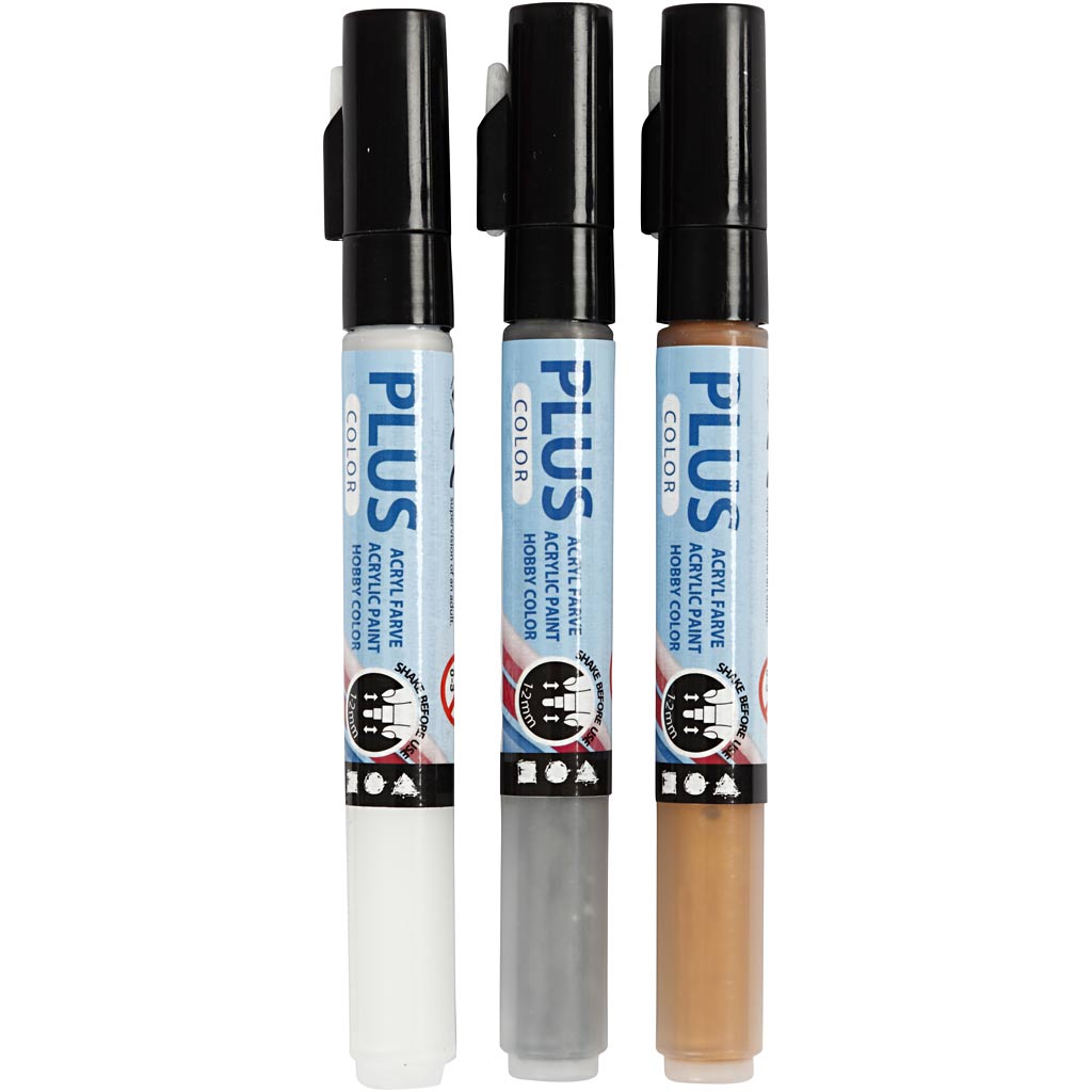 Plus Color Marker, goud, zilver, off-white, L: 14,5 cm, lijndikte 1-2 mm, 3 stuk/ 1 doos, 5,5 ml