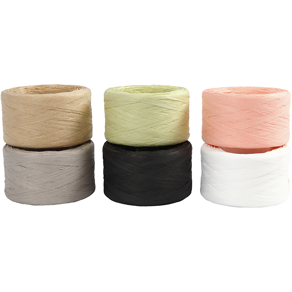 Papier raffia garen, B: 7-8 mm, diverse kleuren, 6x100 m/ 1 doos