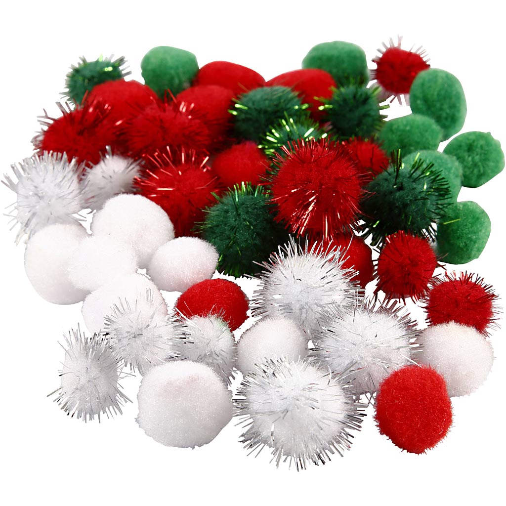 Pompoms, d 15+20 mm, groen, rood, wit, 48 div/ 1 doos