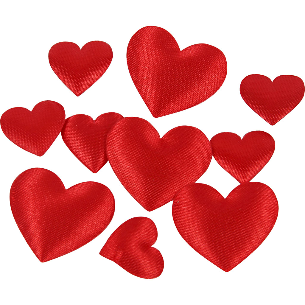 Satijnen harten, afm 10+20 mm, dikte 1-2 mm, rood, 70 stuk/ 1 doos