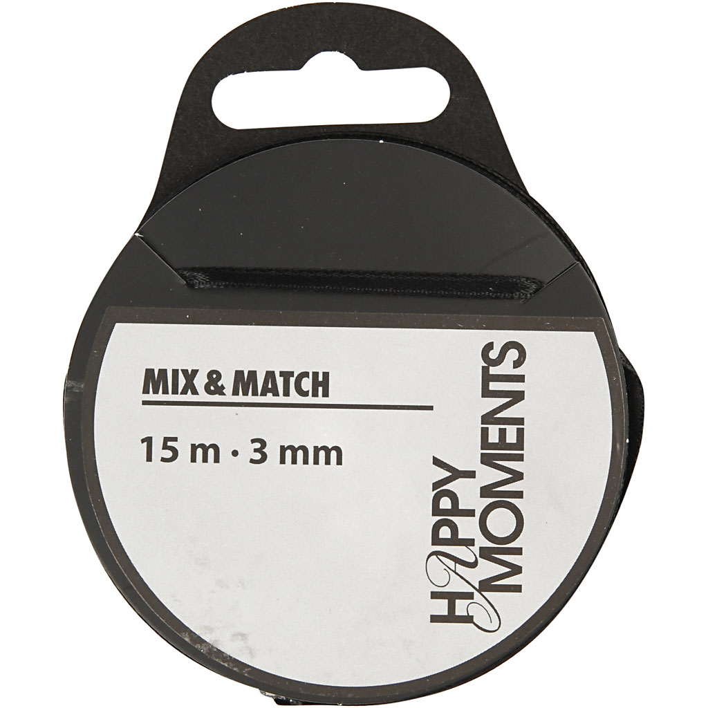 Satijnlint, B: 3 mm, zwart, 15 m/ 1 rol