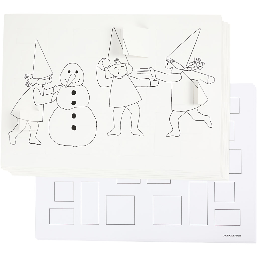Julekalender med nisser i sneboldkamp , A3, str. 30x42 cm, hvid, 30 stk./ 1 pk.
