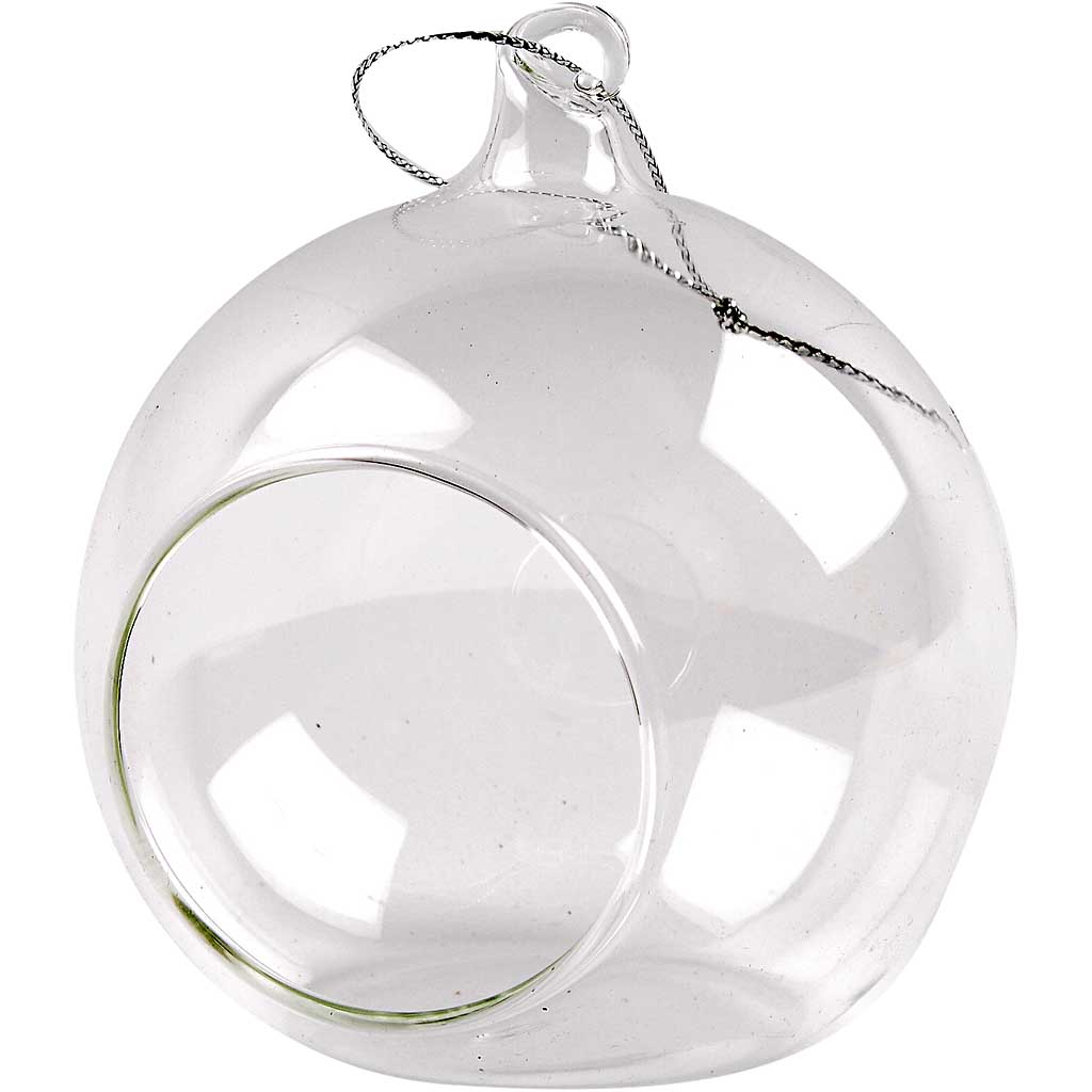 Glas ornament met opening, d: 8 cm, 6 stuks