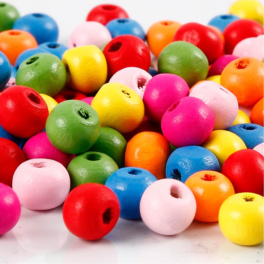 Houten kralen mix, d 8 mm, gatgrootte 1,5-2 mm, diverse kleuren, 500 gr/ 1 zak