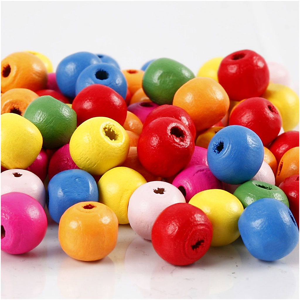 Houten kralen mix, d 10 mm, gatgrootte 2,5-3 mm, diverse kleuren, 500 gr/ 1 zak