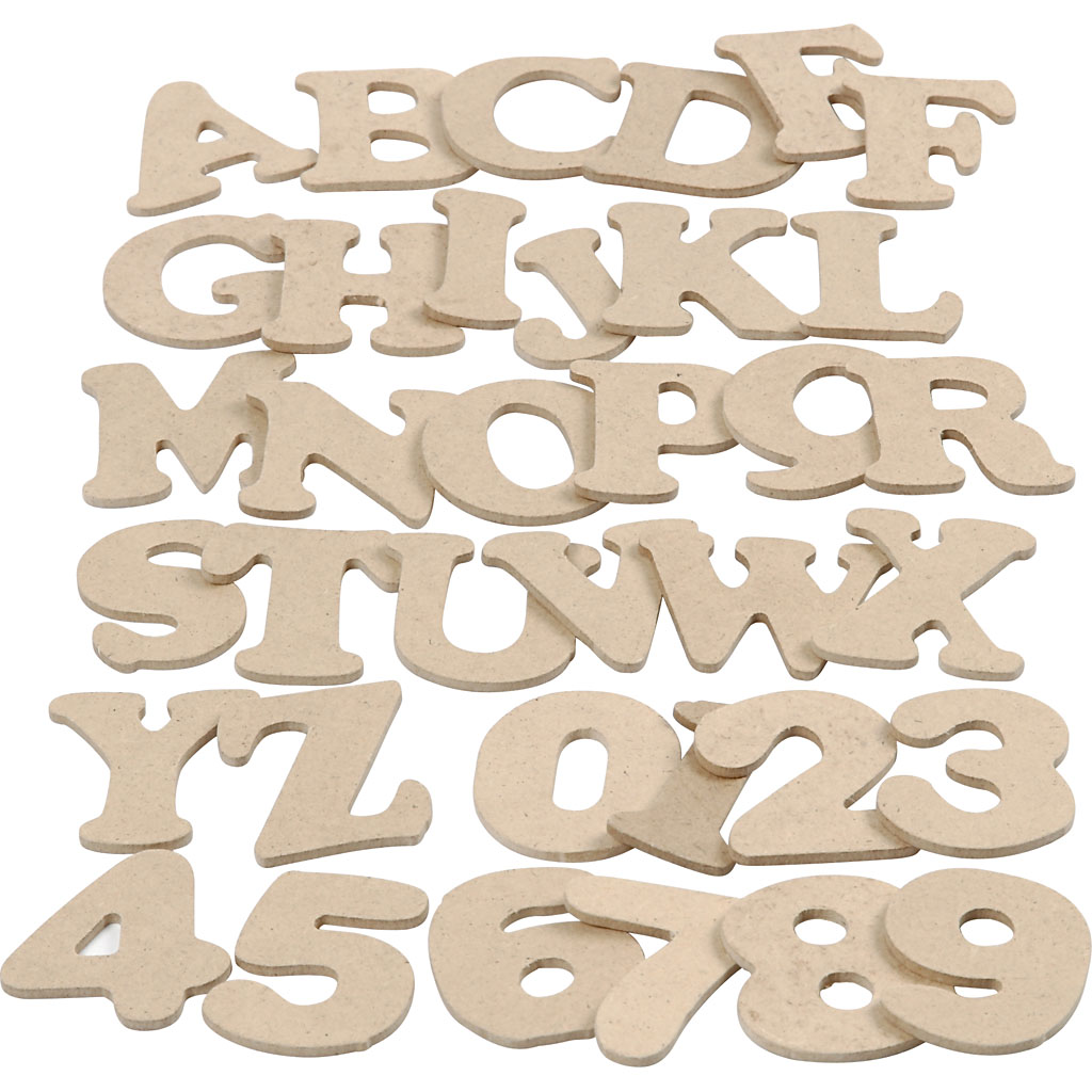 Houten letters&cijfers, H: 4 cm, dikte 2,5 mm, 36x10 doos/ 1 doos