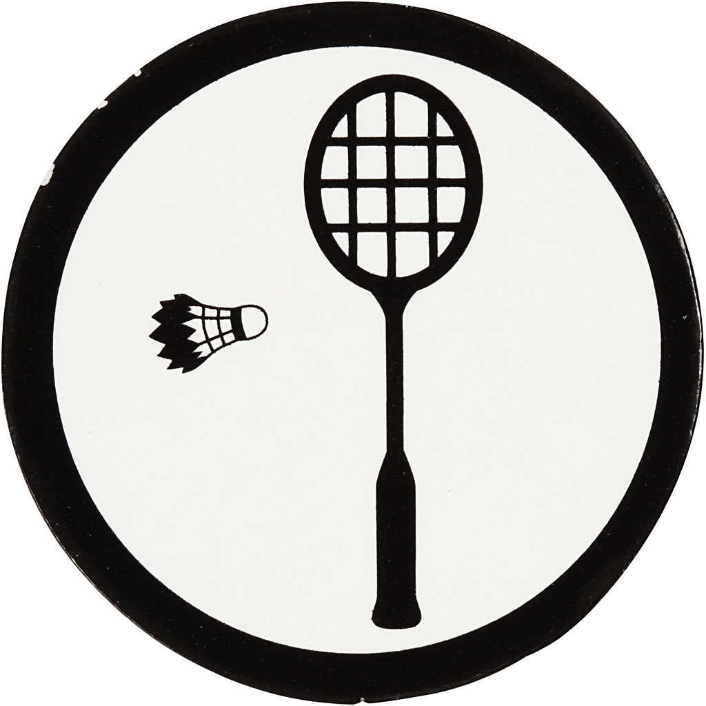 Kartonmærkat, badmintonketcher + fjerbold, diam. 25 mm, hvid/sort, 20 stk./ 1 pk.