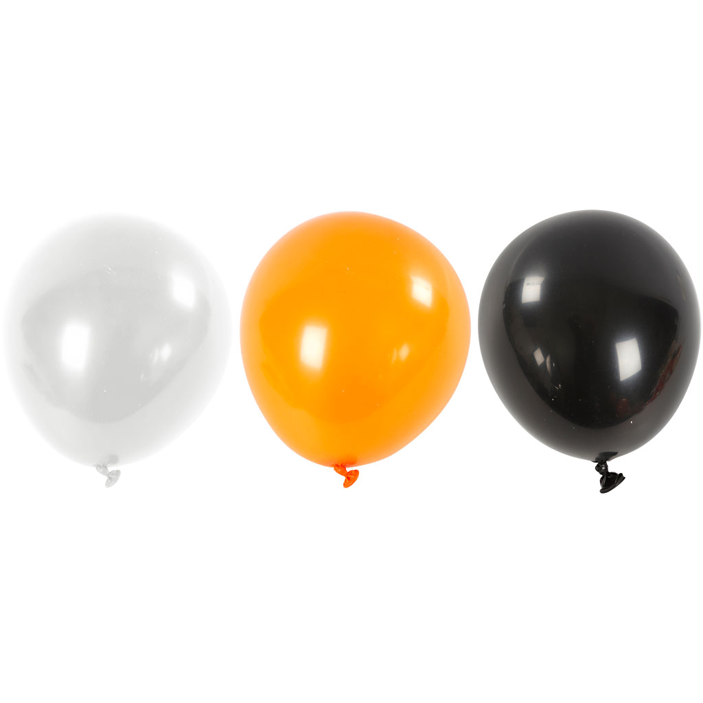 Balloner, runde, diam. 23-26 cm, sort, orange, hvid, 10 stk./ 1 pk.