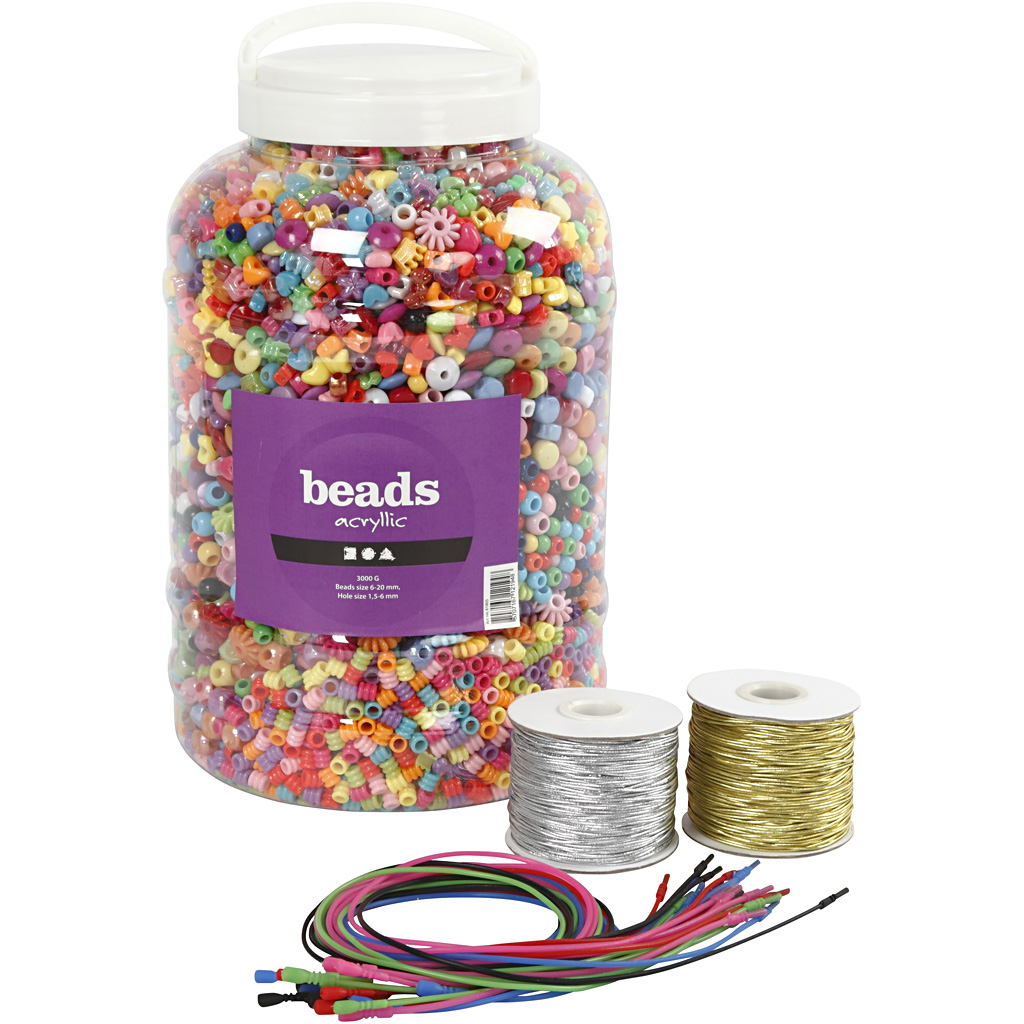 Emmer met plastic kralen, elastiek en armbanden, afm 6-20 mm, gatgrootte 1,5-6 mm, diverse kleuren, 1 set