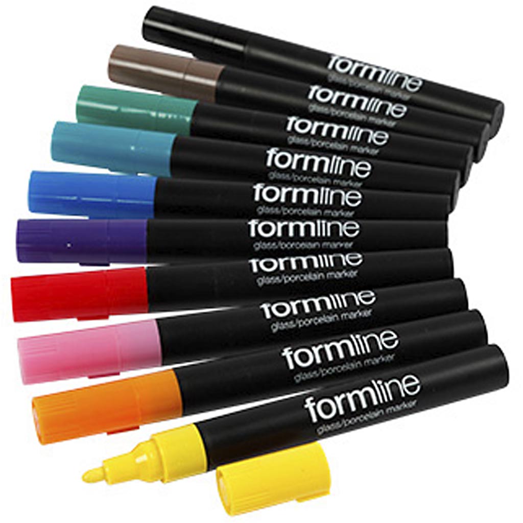 Formline glas-/porseleinstiften, lijndikte 2-4 mm, diverse kleuren, 10 stuk/ 1 doos