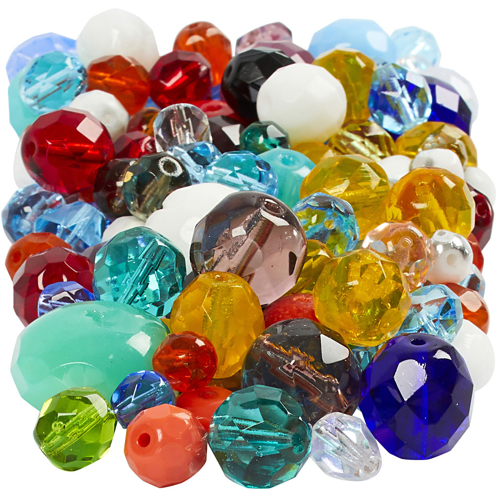 Facet glaskralen mix , afm 3-15 mm, gatgrootte 0,5-1,5 mm, diverse kleuren, 400 gr/ 1 doos