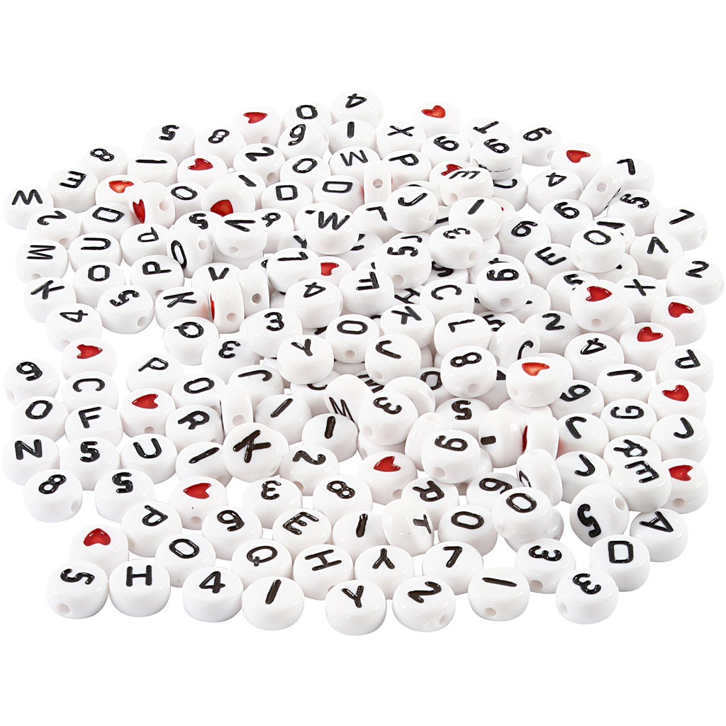 Bogstavperler, str. 7 mm, hulstr. 1,2 mm, hvid, 200 g/ 1 pk.