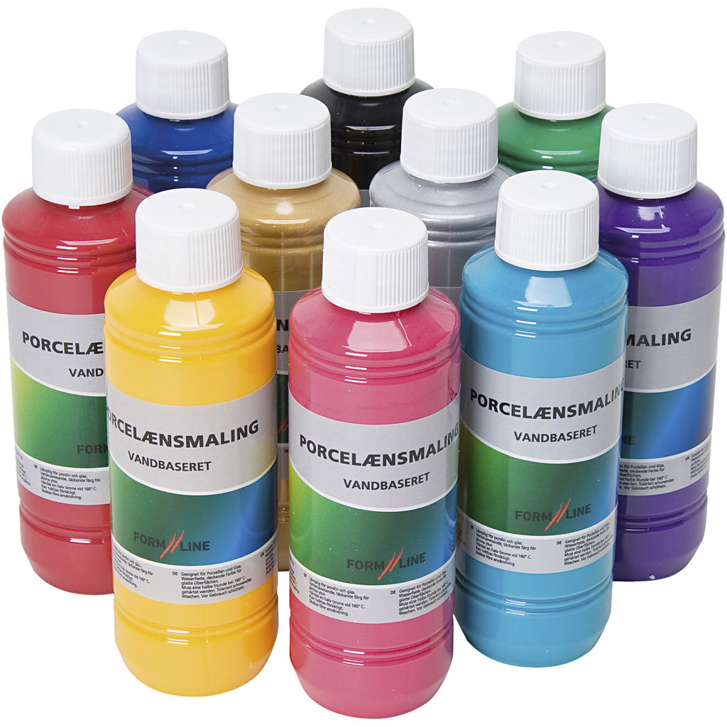 Glas- en porseleinverf, diverse kleuren, 10x250 ml/ 1 doos