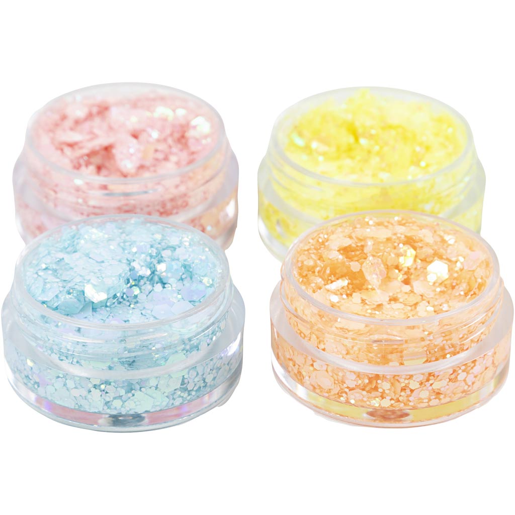 Glitter Clay, pastellblå, pastellorange, pastellpink, pastellgul, 4x5ml/ 1 pk.