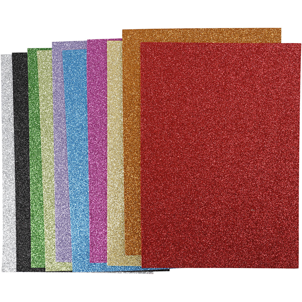 Mosgummi, A4, 210x297 mm, tykkelse 2 mm, glitter, ass. farver, 10 ass. ark/ 1 pk.